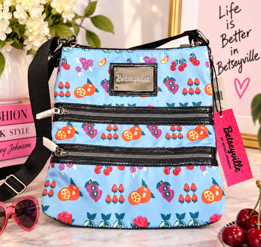 Betseyville Betsey Johnson Cherry Crossbody Bag NWT Y2K Kitsch Fruit Print Blue